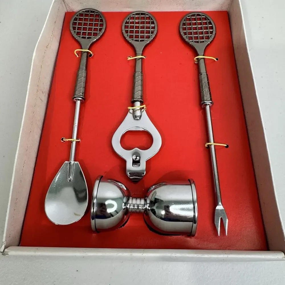De Luxe Bar Set Tennis Racquet Bottle Opener Condiment Stick Spoon Peg Measure